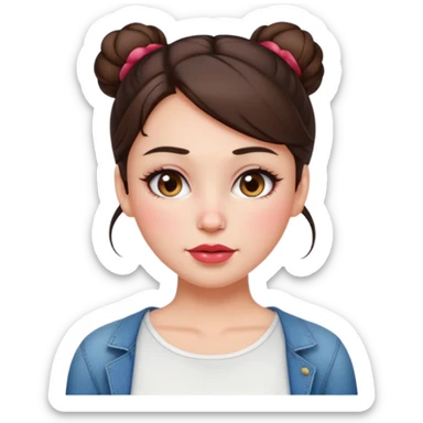 “Emoji brunette girl hair in bun white top, dewy skin, heavy blush across cheeks and nose bridge, glossy cherry lips, soft eyeliner, teary sparkling eyes like hanni from new jeans sticker