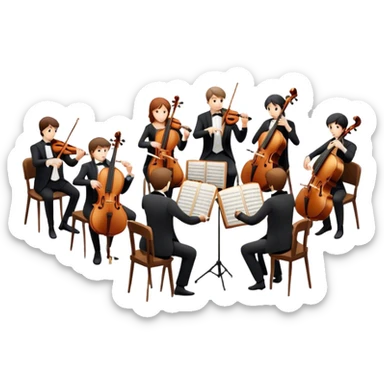 Icon for Classical Music: chamber orchestra with 4-5 musicians playing string instruments (violins, violas, cellos) and a conductor leading the ensemble. The intimate, refined atmosphere. Transparent background. sticker