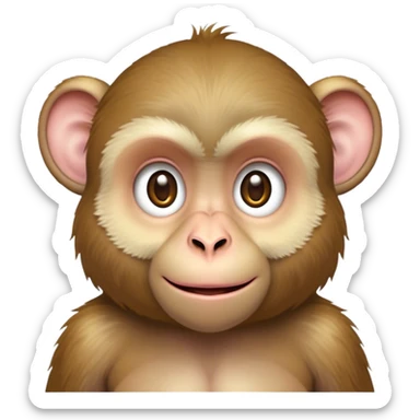 Cinematic Cute Macaque Portrait Emoji, Head tilted playfully and inquisitively, with a charmingly mischievous face accented by soft, fuzzy fur and round, sparkling eyes filled with curiosity, Simplified yet irresistibly adorable features, highly detailed, glowing with a warm, friendly glow, high shine, affectionate and lively, stylized with a touch of primate whimsy, bright and endearing, soft glowing outline, capturing the essence of a playful macaque that seems as if it could jump out of the screen into your arms! sticker