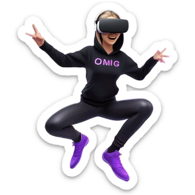 Russian girl wearing black hoody with violet letters "OMG", in vr headset oculus quest2. jumping. Cyberpunk style. Violet neon. sticker