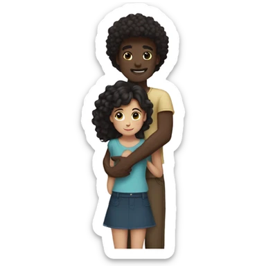 Couple hug, straight black hair dark skin tall boy and curly brunette long hair fair skin girl hugging sticker