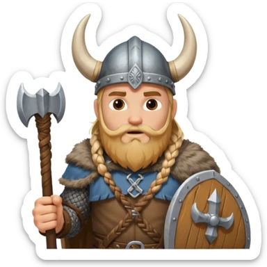 A tall Viking with braided blond beard, fur cloak, and heavy axe resting on his shoulder with horned helmet sticker