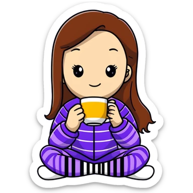 girl with long brown hair sipping coffee in purple striped pajamas sticker