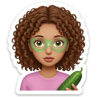 lightskin girl having a spa day with green skincare clay mask and ,cucumbers on her eyeballs  and brown curly hair and a pink shirt not holding it in her hand sticker