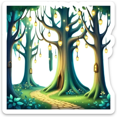 enchanted forest with tall whimsical trees and sparkling lights, fantasy atmosphere sticker