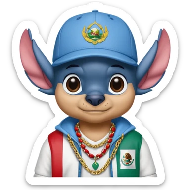 Crea un emogi de stich estilo reguetonero con una gorra con el nombre de Liam y la bandera de México en el pecho y lucho Blin blin sticker