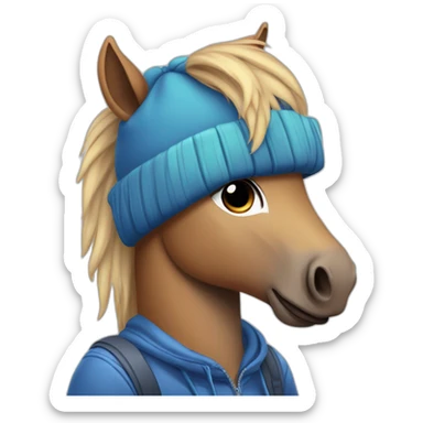 sad pony wearing a blue beanie and holding a ps5 controller caricature art style  sticker