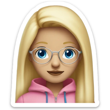 girl with straight, long blonde hair, with blue eyes, with silver round glasses, dressed in pink hoodie sticker