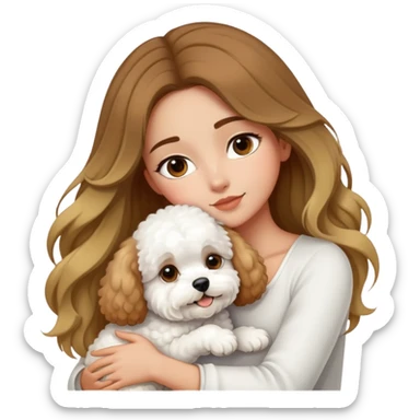 A beautiful olive skinned girl with long flowy brown hair and blonde highlights, hugging a white bichon frise sticker