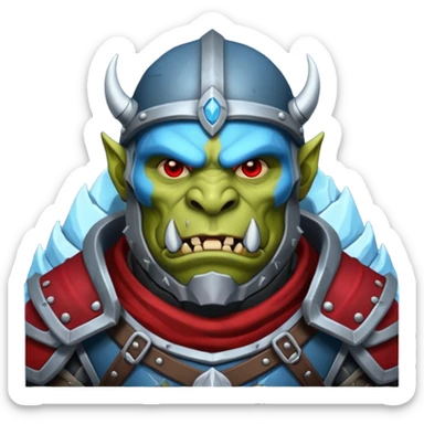 Fantasy Christmas orc legion soldier icon, iron tundra army theme, heavy winter armor, disciplined brutal look, dark icy steel armor with bold crimson cloth and markings, cold blue shadows, high contrast, clean emoji portrait style
 sticker