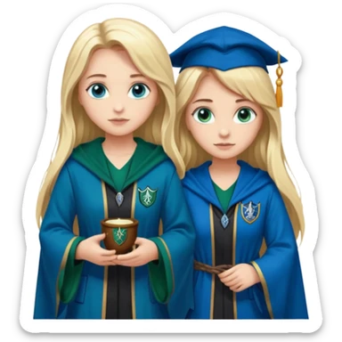 hot Slytherin girl with long blonde hair, blue eyes and big boobs standing with a pretty ravenclaw girl with long brown hair and blue eyes sticker