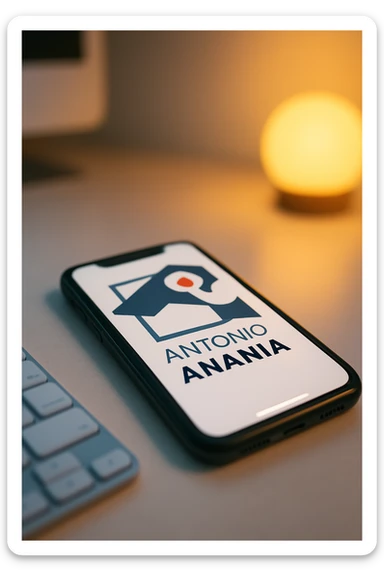 A photo of an iPhone with the message "Antonio Anania" on its screen, The phone sits atop a desk with a blurred background that suggests work environment. A faint glow from above casts gentle shadows across the surface of each object, creating depth and highlighting their textures. sticker
