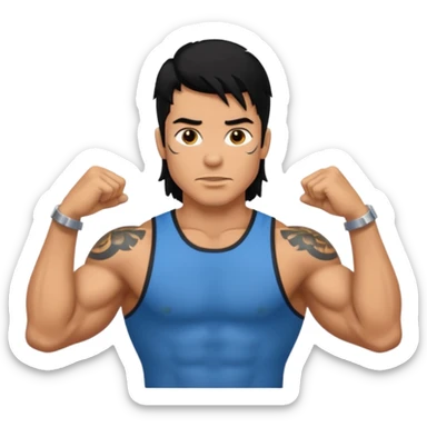 a guy with mullet and tattoos. Black hair. Muscled sticker