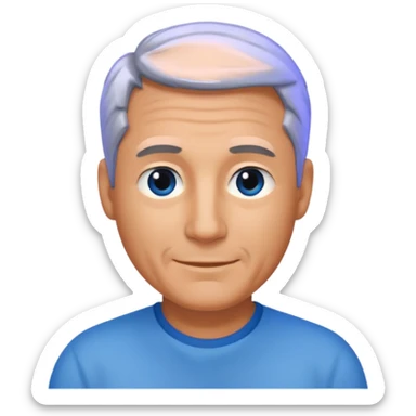 Middle aged man with tanned skin, receding black to grey hair and no beard, blue eyes, shy smile sticker