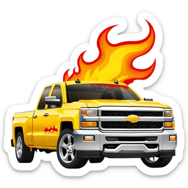 Yellow Chevrolet Silverado with custom red flame artwork specifically on the front bumper, hood remains plain yellow, authentic Kill Bill truck design, 30-degree angle, iOS emoji style sticker