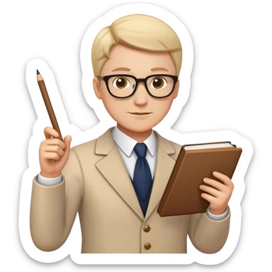 white teacher holding book with a pointing stick on the other hand pointing in iphone emoji style sticker