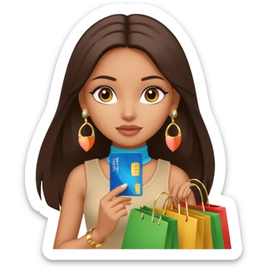 a pretty bratz fair indian girl wearing a beige sleeveless turtleneck, golden earrings, straight ling hair, holding bank cards, dark brown hair, carrying shopping bags sticker