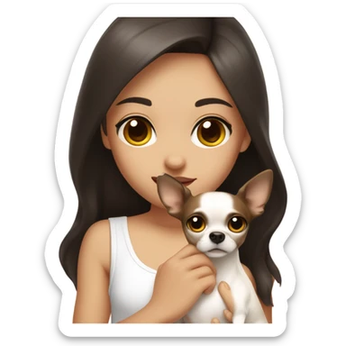 A girl with long very dark brown hair, big brown eyes, very big lips wearing a white singlet top, she is holding a small very  chihuahua that is only one colour light yellow sticker