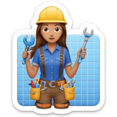 beautiful girl with long brown hair constructing new shower in bathroom sticker