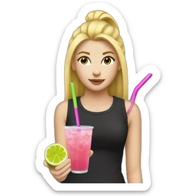 crazy blonde girl straw drinking pink lemonade with one green lemon in the cup, with black watch black tshirt sticker
