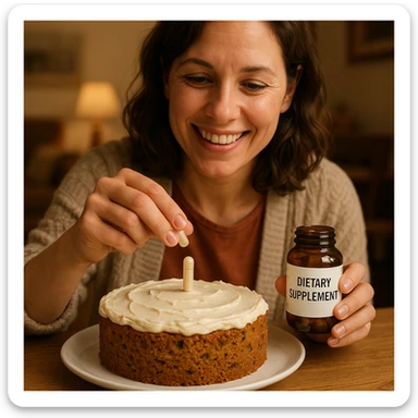 realistic style, smiling person placing a dietary supplement capsule on a homemade cake, creative details, cozy family environment sticker