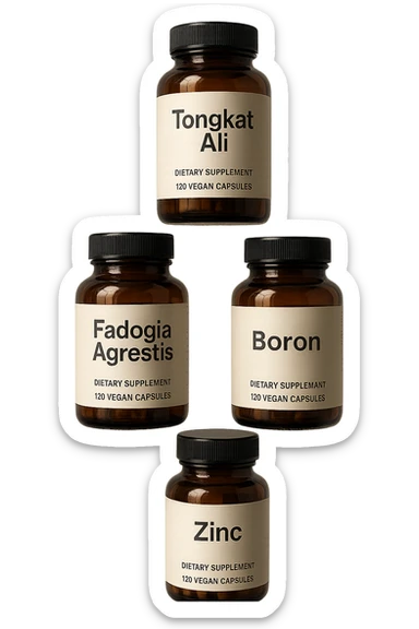 4 boccette di integratore: Tongkat Ali, Fadogia Agrestis, Boron e Zinco fluttuano in aria verticalmente sticker