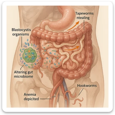 realistic or semi-realistic transparent human abdomen showing tapeworms stealing nutrients with nutrient flow toward worms, blastocystis altering the microbiome with disrupted bacteria, and hookworms near blood vessels causing anemia with fewer red blood cells, medical illustration, neutral background sticker