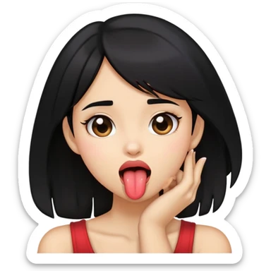 black haired girl holding her neck tongue sticking out sticker