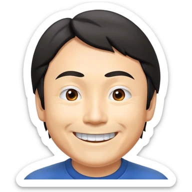 ​Cinematic Realistic Portrait of a Smiling Shigeru Miyamoto, depicted with warm, approachable features, showing a giant smile with expressive eyes, set against a subtle backdrop, inviting lighting that captures his innovative spirit sticker