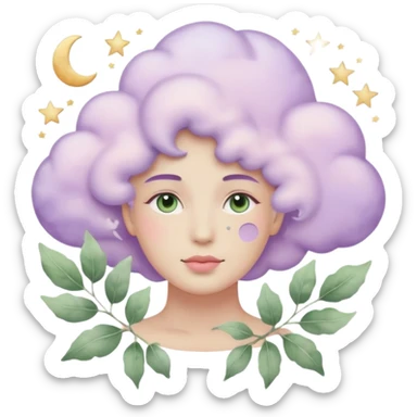 watercolor-style emoji of a human head silhouette with “AI” inside a lilac cloud, connected to a soft circuit shape. gentle pastel palette (sage green, blush, lilac), surrounded by leaves, moon, and stars — poetic and calm aesthetic. sticker