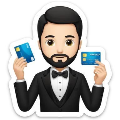make a genmoji of a boy with a an amex card in hand and wearing a tux, black hair. bearded sticker
