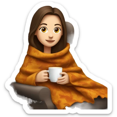 Brunette white girl covered in blanket autumn vibe sitting on a cozy chair holding coffee,  sticker