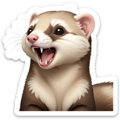 Cinematic Cute Yawning sable ferret Portrait Emoji, Head tilted slightly with an exaggerated, wide-open yawn, showcasing a long, flexible body with a plush fur in soft brown and cream, droopy, drowsy eyes, and a relaxed expression, Simplified yet irresistibly endearing features, highly detailed, glowing with a soft, cozy natural glow, high shine, relaxed yet expressive, stylized with a dash of whimsical charm, soft glowing outline, capturing the essence of a sleepy yet affectionate sable ferret that seems ready to curl up for a nap! sticker