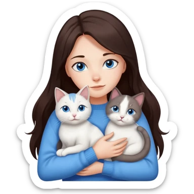 a girl with long dark 
brown hair, with blue eyes, in a
white sweater, hugs 3 different natural coloured cats sticker