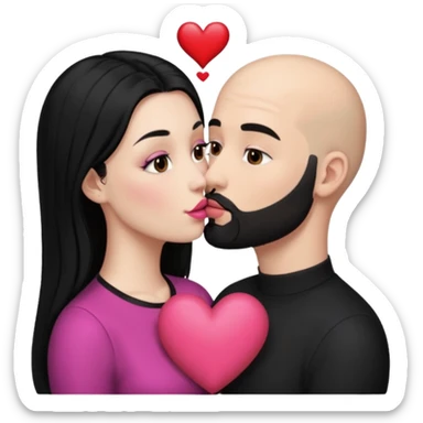 👩🏻‍❤️‍💋‍👨🏻 this one but the man should be bald. white woman with long black hair and white bald young man whoitiut hair and a heart between their heads. she has pink lips and both have brown eyes. he has e full beard but short. both wear black. they kiss slowly sticker