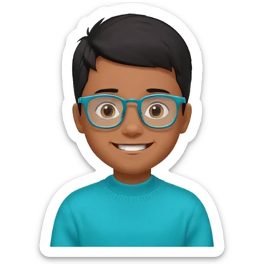 Chico de 7 años, pelo negro y repeinado pero con volumen hacia arriba, piel marrón, gafas cuadradas azules, sonriente y sin 1 diente, jersey verde turquesa y ojos muy rasgados, Y NADA redondeados, NO REDONDOOOOOOOOOOO ESO 0 sticker
