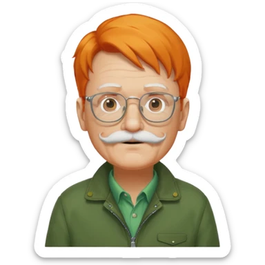 old man, orange hair, white mustache, wearing glasses, wearing a green jacket sticker