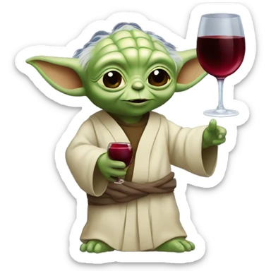happy yoda holding a red wine bottle sticker