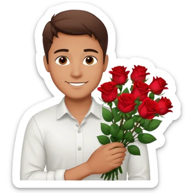 male memoji, handsome man in white shirt, holding a big bouquet of red roses, gentle smile, soft romantic eyes sticker