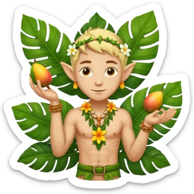 male elf in open palm-leaf shirt, offering mango. Flower necklace, sandals sticker