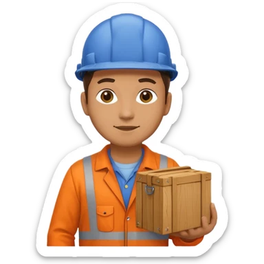 railway engineer, orange overalls carrying a box sticker
