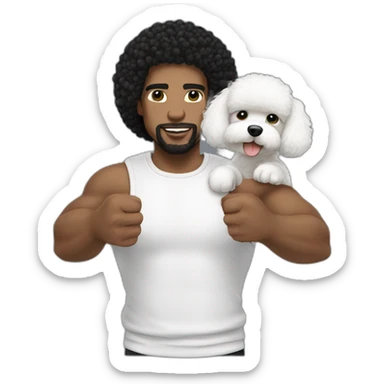 white man black hair,  rapper flexing with a bichon sticker