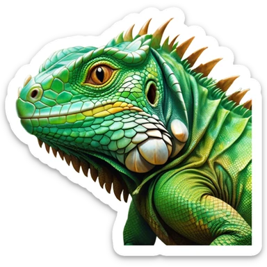 Cinematic Realistic Noble Iguana Portrait Emoji, Poised and commanding, with a robust, elongated body covered in intricately detailed, rough scales in vibrant shades of green with earthy brown accents, and a sharply defined head with piercing amber eyes, rendered with lifelike texture and natural light that accentuates every scale, high shine, intelligent and formidable, styled with an air of tropical authority, focused and attentive, soft glowing outline, capturing the essence of a watchful and confident iguana that appears ready to bask in the sun with effortless grace! sticker