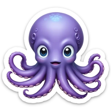 Cinematic Cute Shy Baby Octopus Portrait Emoji, Tentacles tucked slightly inward in an adorably bashful pose, featuring a softly glowing, round light blue-purple body with enormous, soulful eyes peering out timidly, Simplified yet irresistibly adorable features, highly detailed, glowing with a delicate, soothing marine radiance, high shine, quiet yet expressive, stylized with an air of gentle mystery, soft glowing outline, capturing the essence of a tiny, shy deep-sea creature that seems as if it could slowly peek out and explore the world with cautious curiosity! sticker