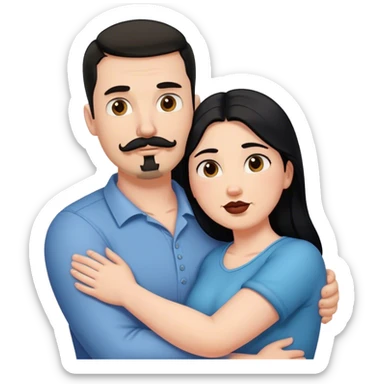 Tall strong white man with dark brown mustache goatee hugging a chubby short pale woman with long black hair sticker