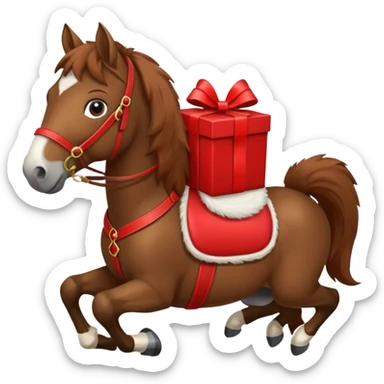 a New Year's horse with a red saddle, which has a red gift box with a white bow on the saddle sticker