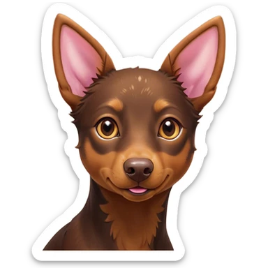 Cinematic Cute Brown and Tan Kelpie Portrait Emoji, Head tilted playfully and inquisitively, featuring a glossy brown Fur with vibrant tan accents, round, sparkling warm eyes filled with curiosity, Simplified yet irresistibly adorable features, highly detailed, glowing with a warm, friendly glow, high shine, affectionate and spirited, stylized with a touch of whimsy, bright and endearing, soft glowing outline, capturing the essence of a mischievous yet loving herder, so playful it feels like it could leap out of the screen and into your arms! sticker