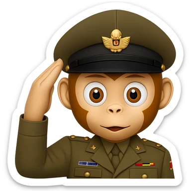 Add a classic military hat to the cute monkey face giving a military salute in emoji style with transparent background. sticker