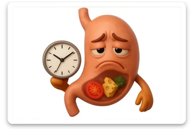 EMOJI STILE IPHONE 3D DI UNo stomaco umano con espressione dolornate, ha del cibo visibile dentro che non sta digerendo. in mano tiene un orologio da muro, iperrealistico 4k sticker