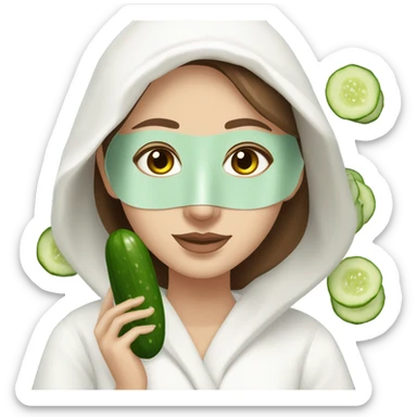 White girl with Brown hair and blue eyes wears a Green clay colored skincare textured mask and puts on cucumbers around her eyes while She relaxes in her white Robe sticker